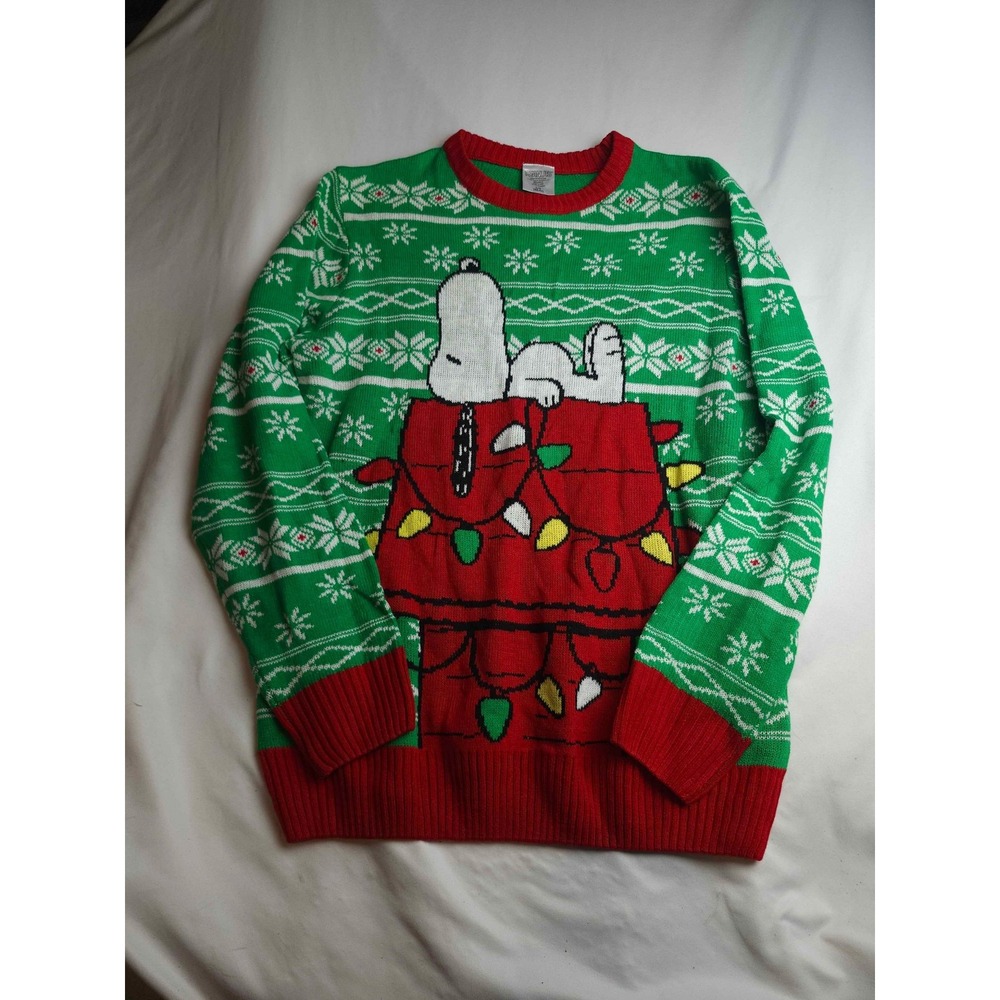 Peanuts Snoopy Ugly Christmas Sweater Knit Fairisle Green Red Size Large
